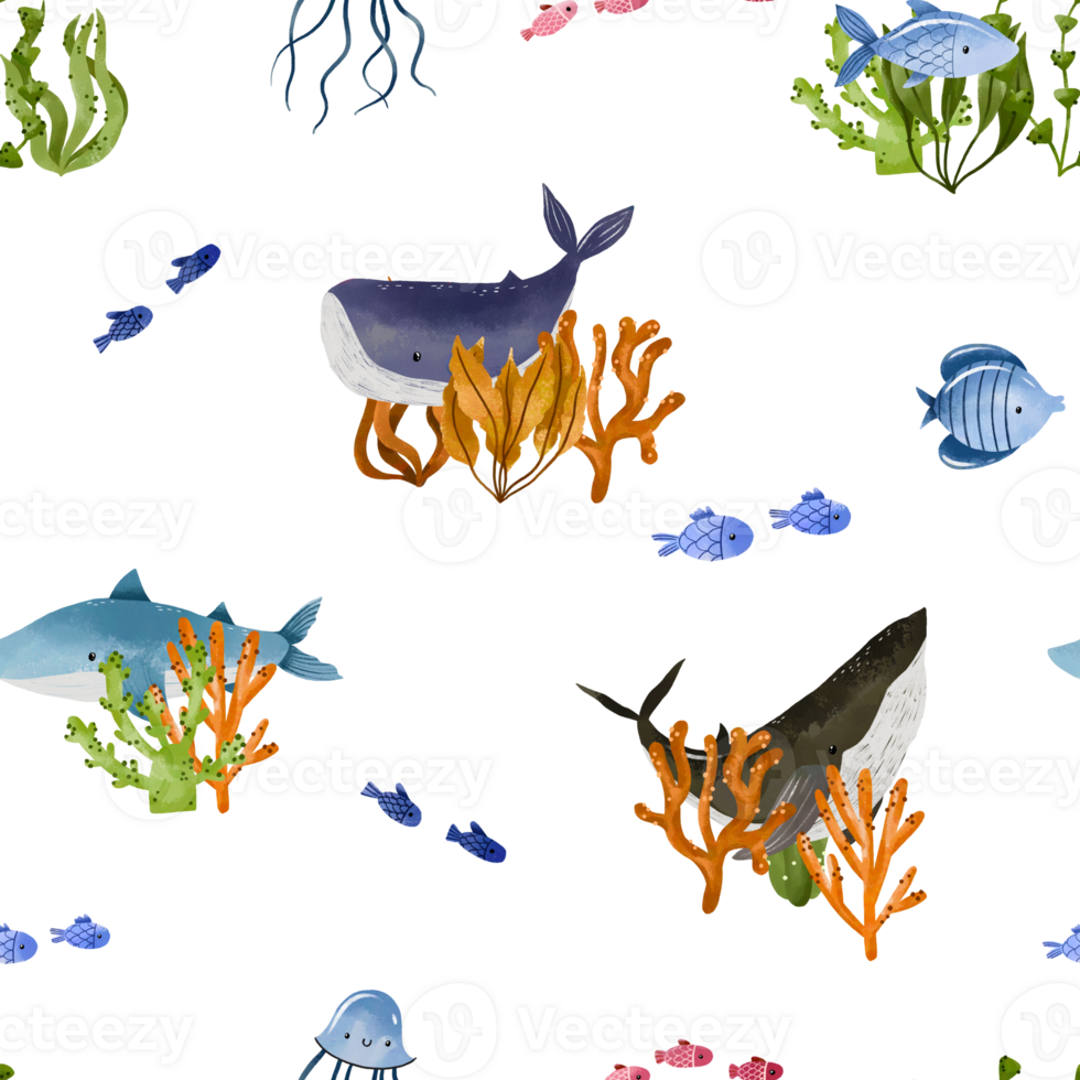 Undersea life hand drawn watercolor seamless pattern with fishes and ocean bottom plants, algae, sea weed. Kids background, perfect for textile, print , design png