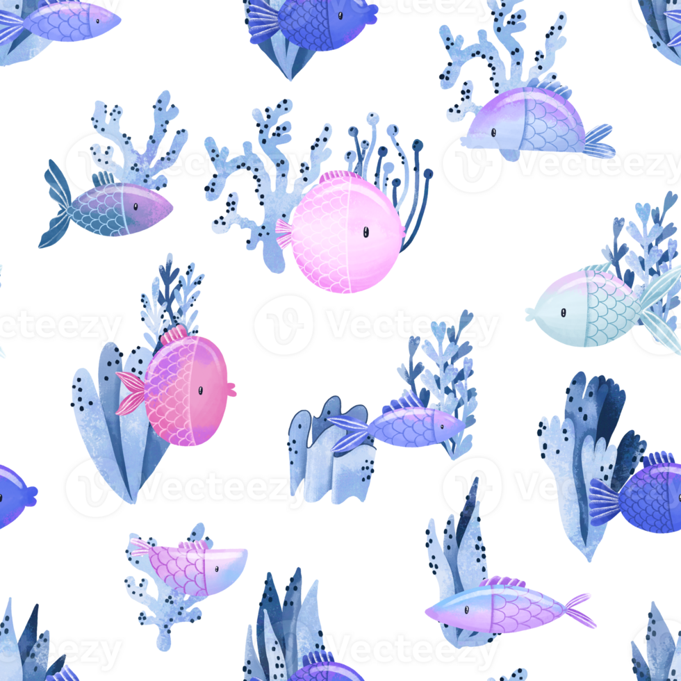 Sea and ocean funny fish, blue algae hand drawn seamless pattern. Oceania fauna. Cartoon print, background. Simple design png
