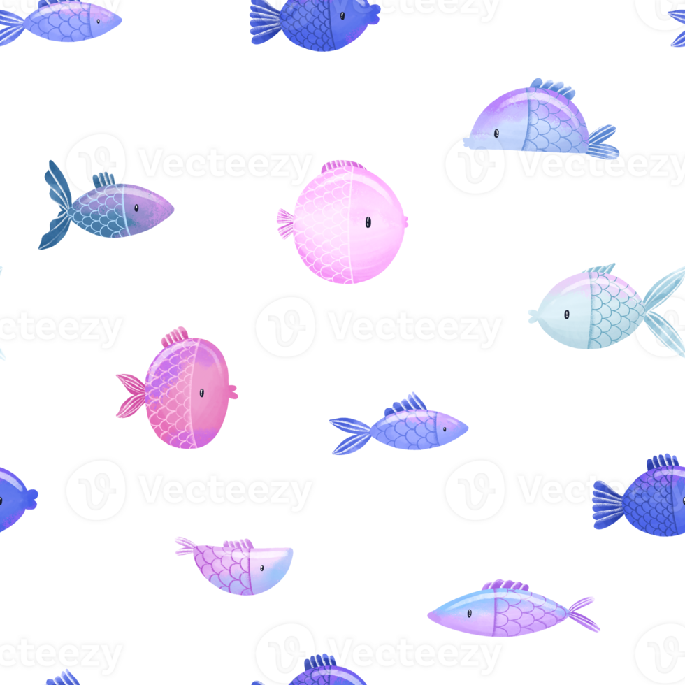 Sea and ocean funny fish hand drawn seamless pattern. Oceania fauna. Cartoon print, background. Simple design png
