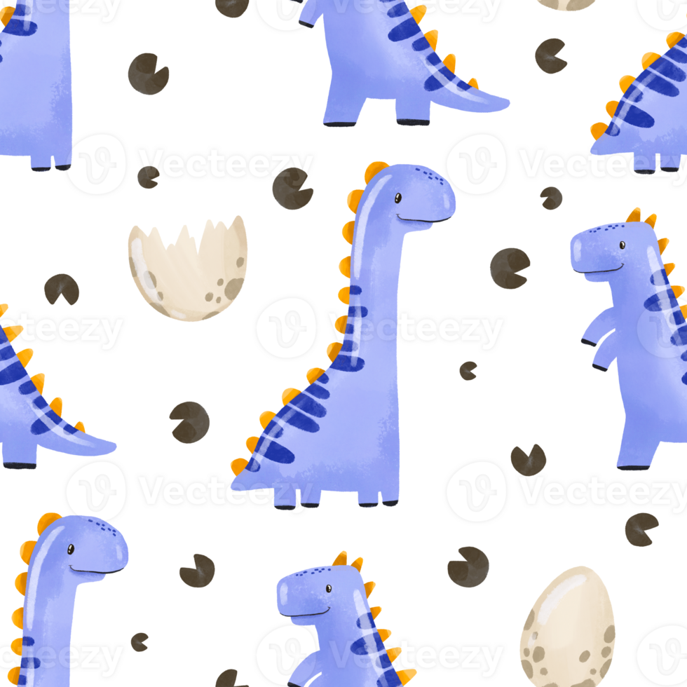 Seamless pattern Cartoon baby Blue dinosaur . Baby Dino boy . Newborn design. Holiday. Dino hand drawn watercolor illustration on isolated background png