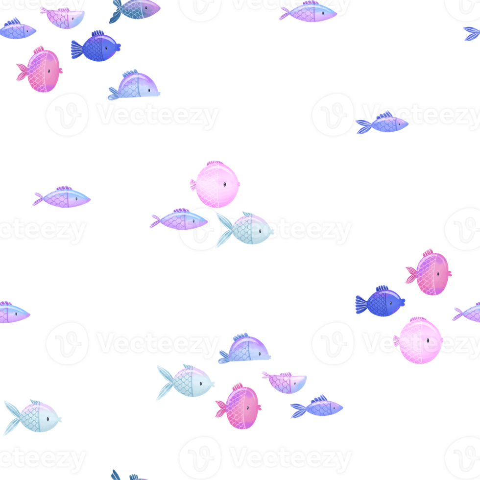 Underwater sea fish, blue algae hand drawn marine seamless pattern. Oceania fauna. Cartoon print, background. Simple design png