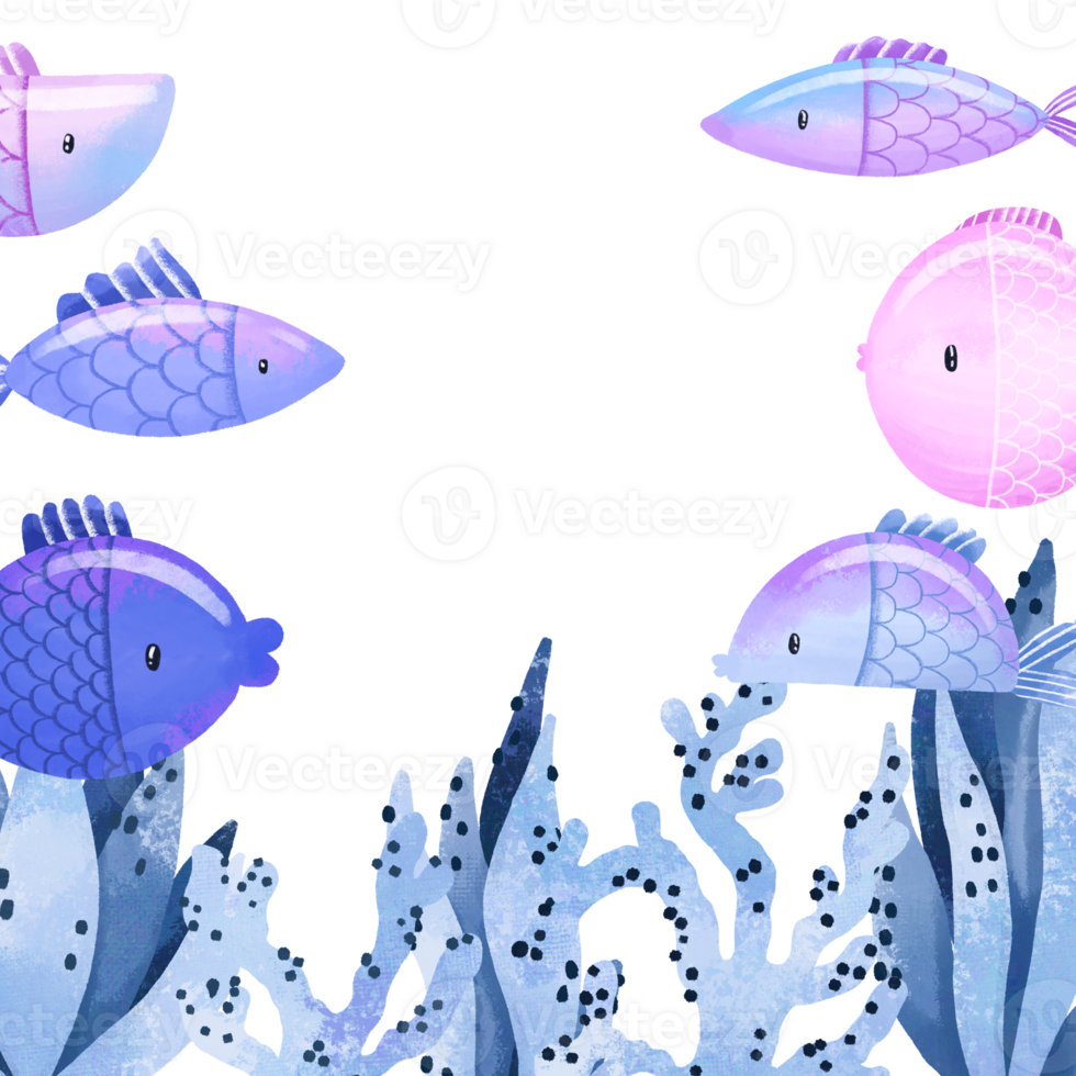 Template with oceania algae, seaweed and fishes.. Marine poster Sea bottom fauna and flora. Under the sea card. Baby holiday png
