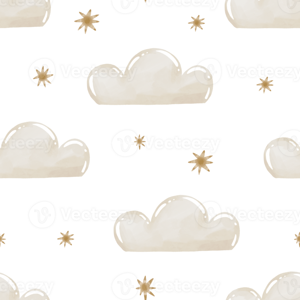 Cute baby Seamless pattern with sky clouds and stars. Watercolor background. Kids design, wallart, paper png