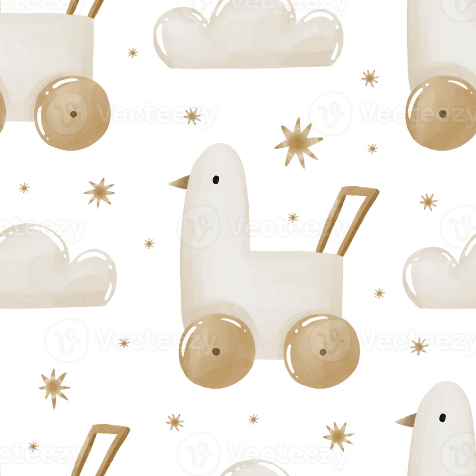 Baby wooden toys, duck toy for newborn seamless pattern. Watercolor background png
