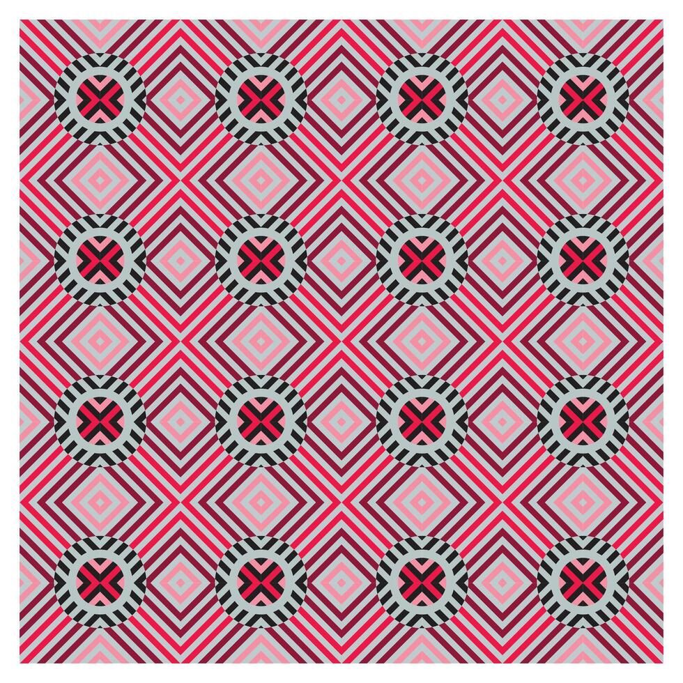 Abstract geometric seamless pattern featuring alternating diamond shapes and circular motifs in pink, gray, and black tone light pink background. vector