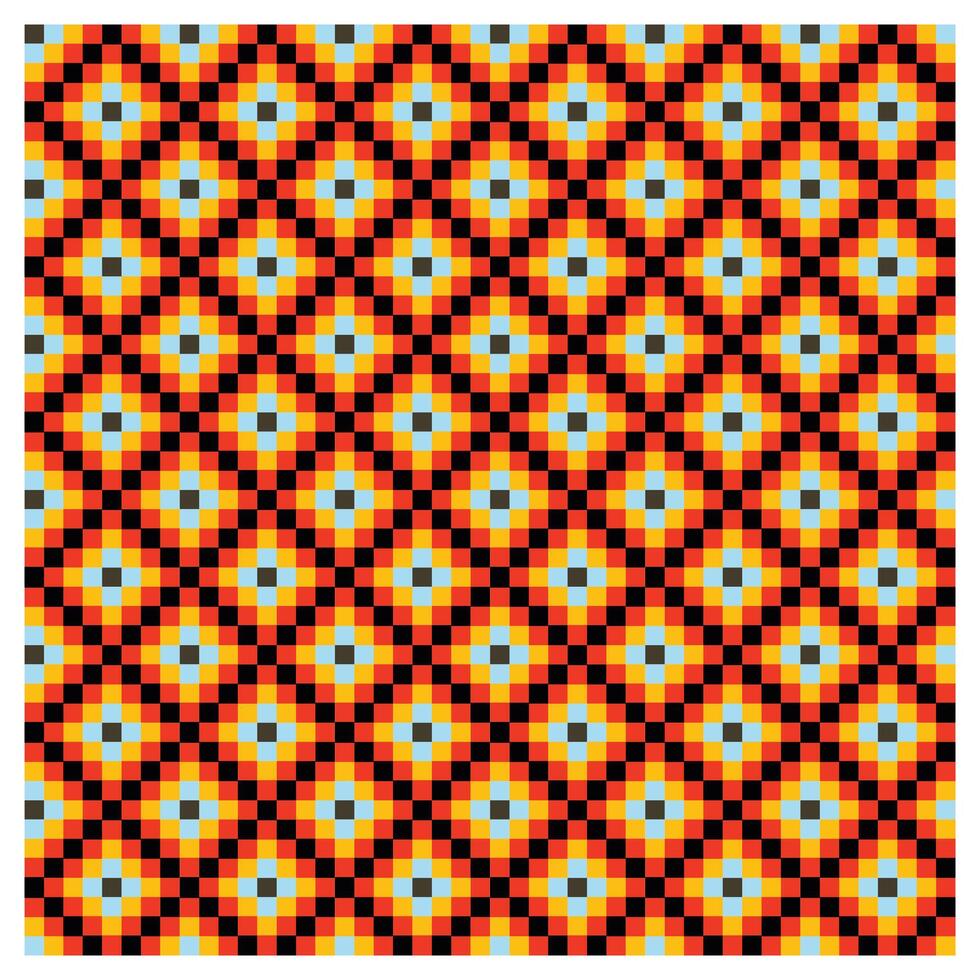Colorful seamless geometric pattern of interlocking diamonds in shades of black, red, yellow, and light blue, creating a vibrant textile surface design vector