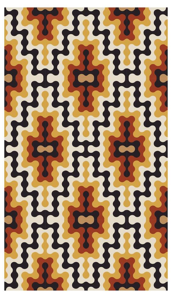 The image features a geometrically complex seamless pattern, dominated by a warm color palette of earth tones. The primary colors are a muted beige, a golden yellow, a rich rust, and a deep charcoal vector