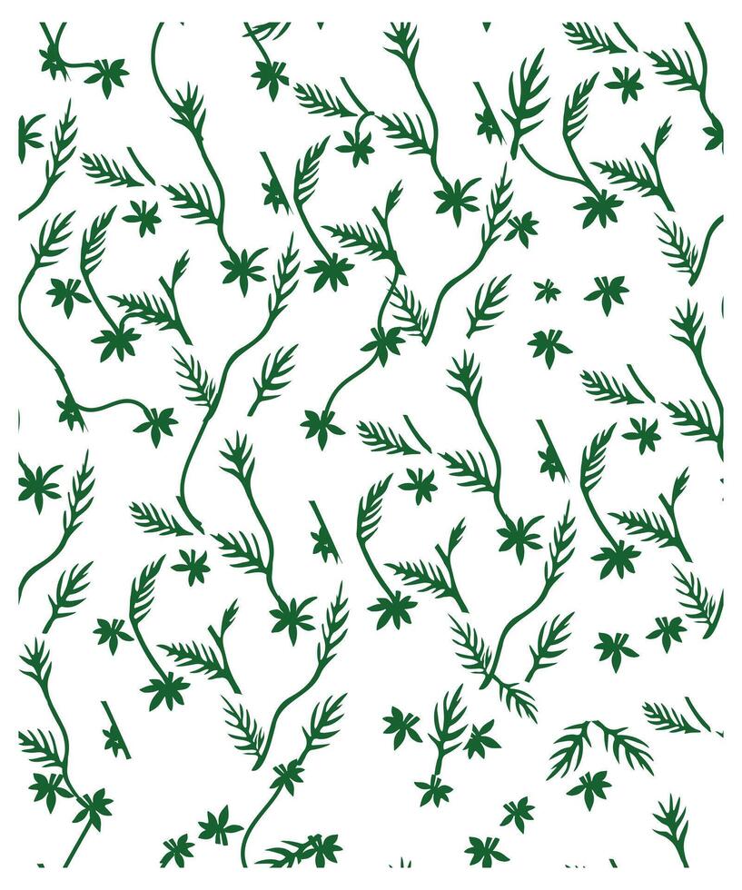 A whimsical pattern of green vines and leaves on a white background, featuring scattered floral designs and intricate foliage, seamless print design. vector