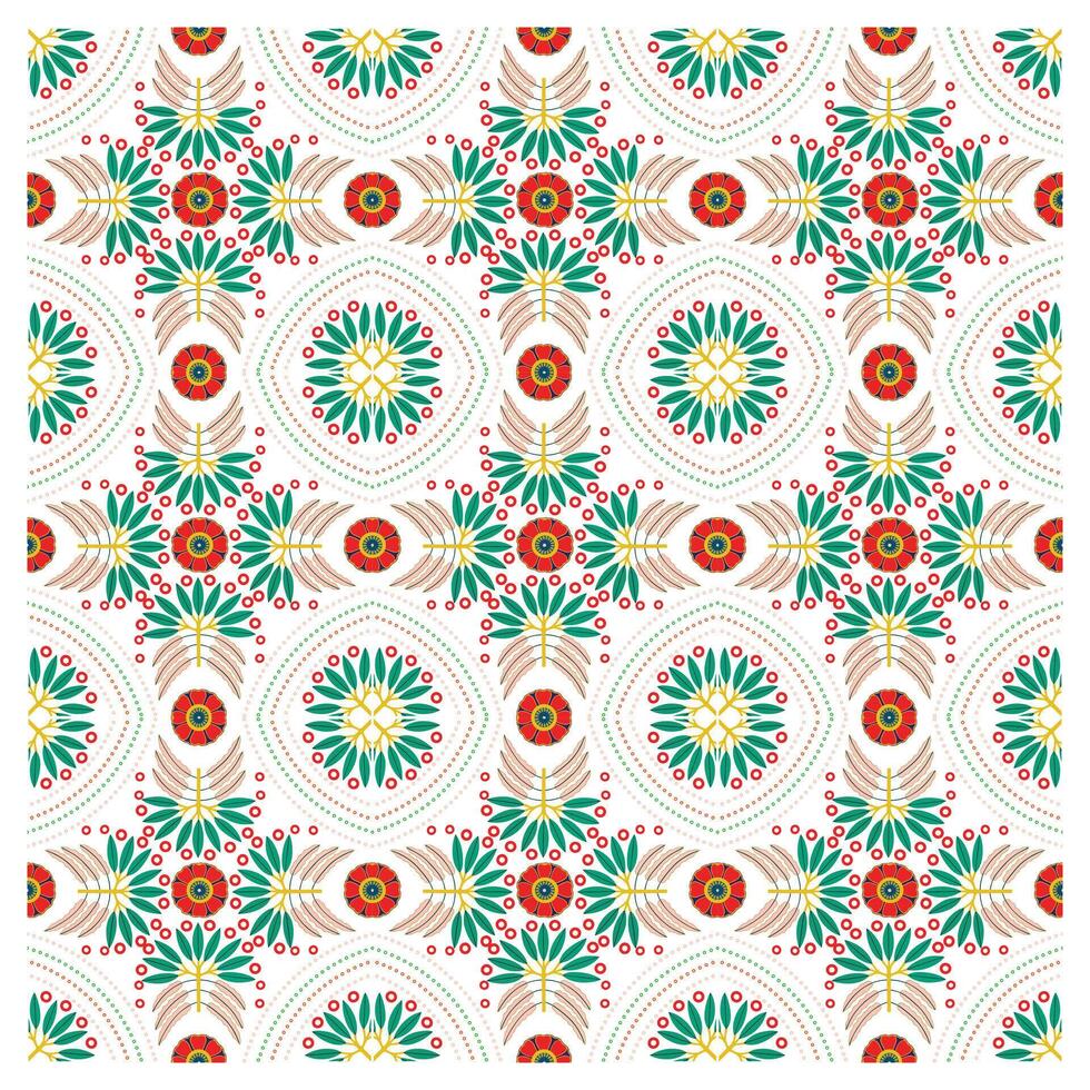 Floral repeat pattern Red flower motif, ornament, green leaves, and dots, colorful floral and geometric pattern on white background. vector