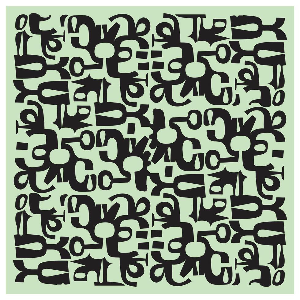 An abstract seamless design featuring intricate, interlocking black shapes on a light mint green background, creating a rhythmic pattern. vector