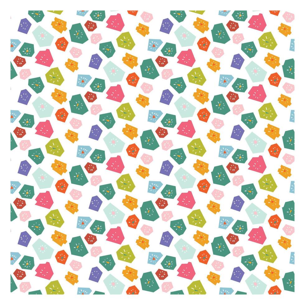 A colorful seamless playful pattern of hexagonal and floral shapes in vibrant pink, green, blue, and orange against a white background surface design, vector