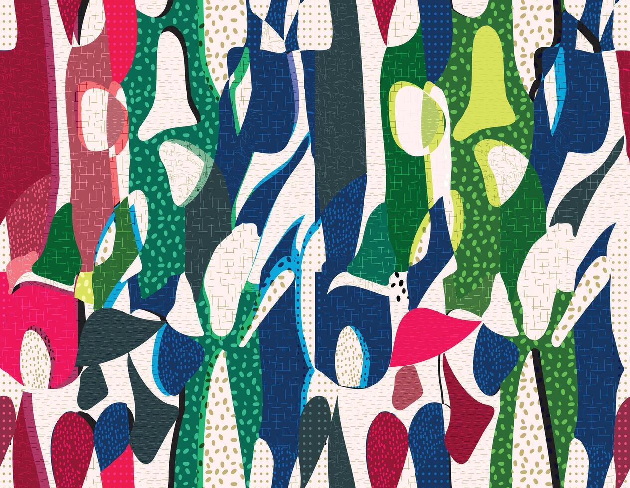 Abstract pattern with colorful, overlapping shapes reds, blues, greens, and beige. Textures include different shape and scale dots and dashes and lines texture background vector