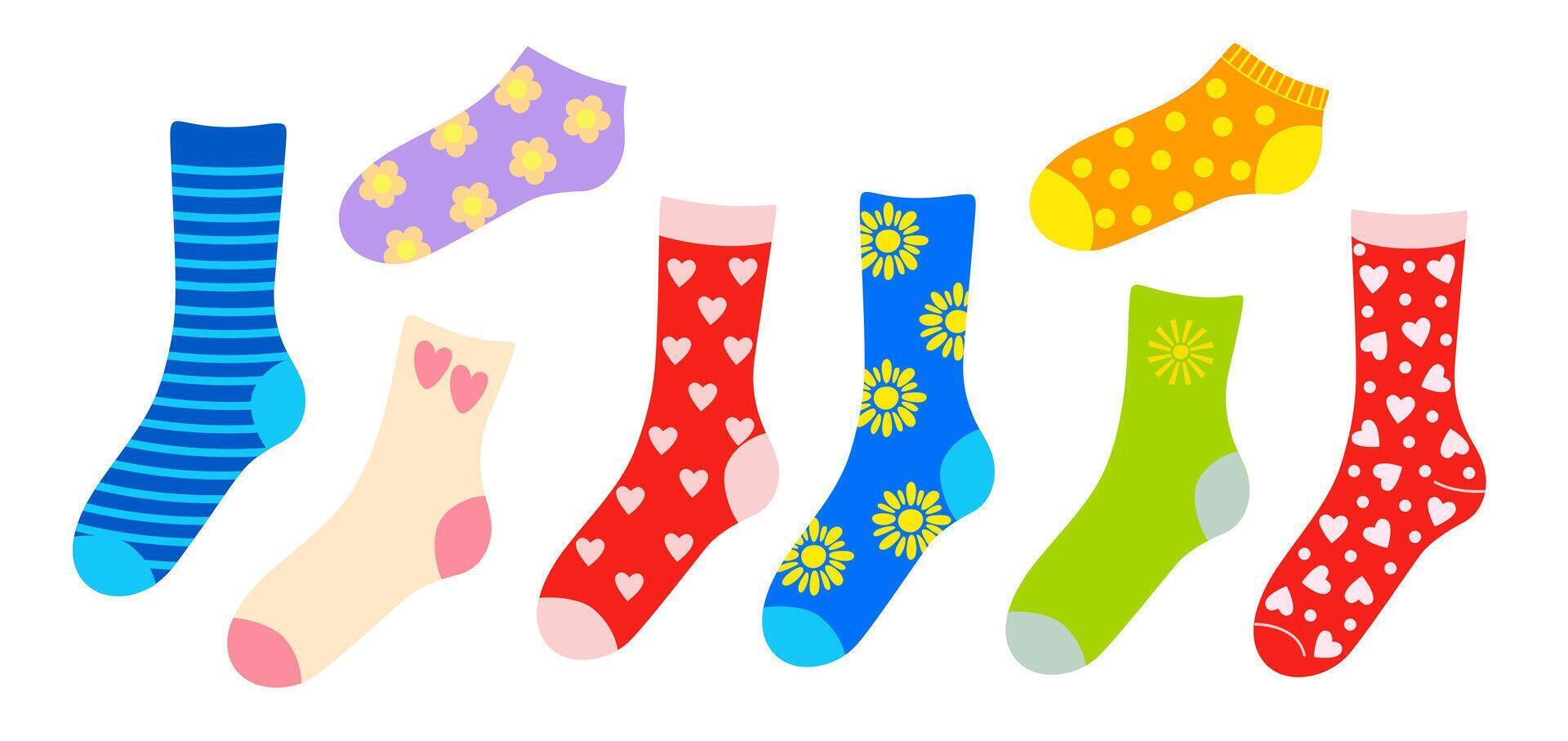 Warm knit socks set cozy autumn or fall clothes doodle hand drawn illustration, woollen or cotton footwear with various ornament, fashionable trendy accessory for seasonal themed design, decor vector
