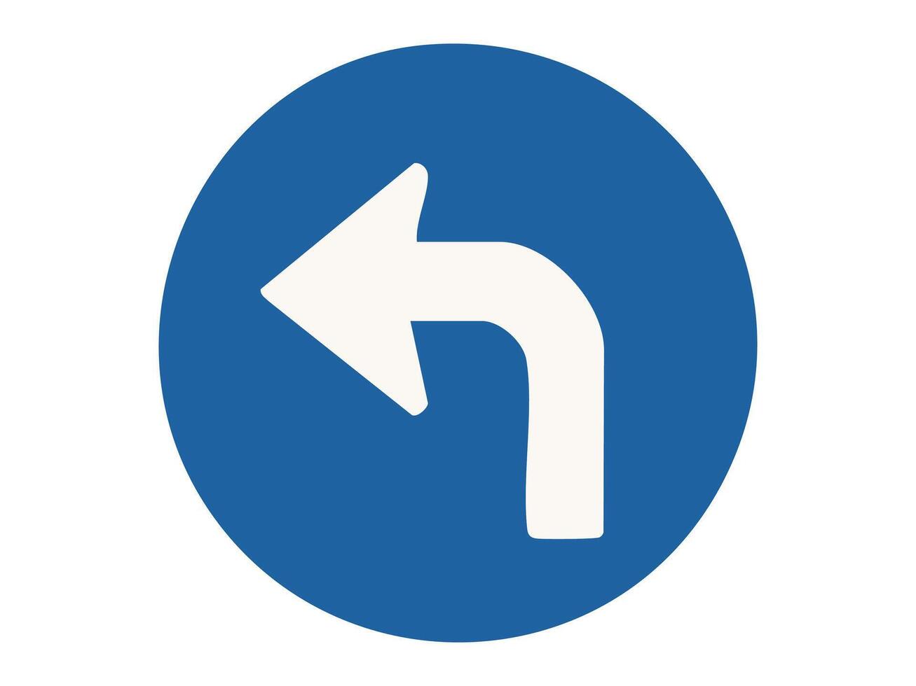 Mandatory road sign with white arrow pointing left inside blue circle isolated on white background, graphic illustration. Concept of traffic direction, turn left only, road navigation rule vector
