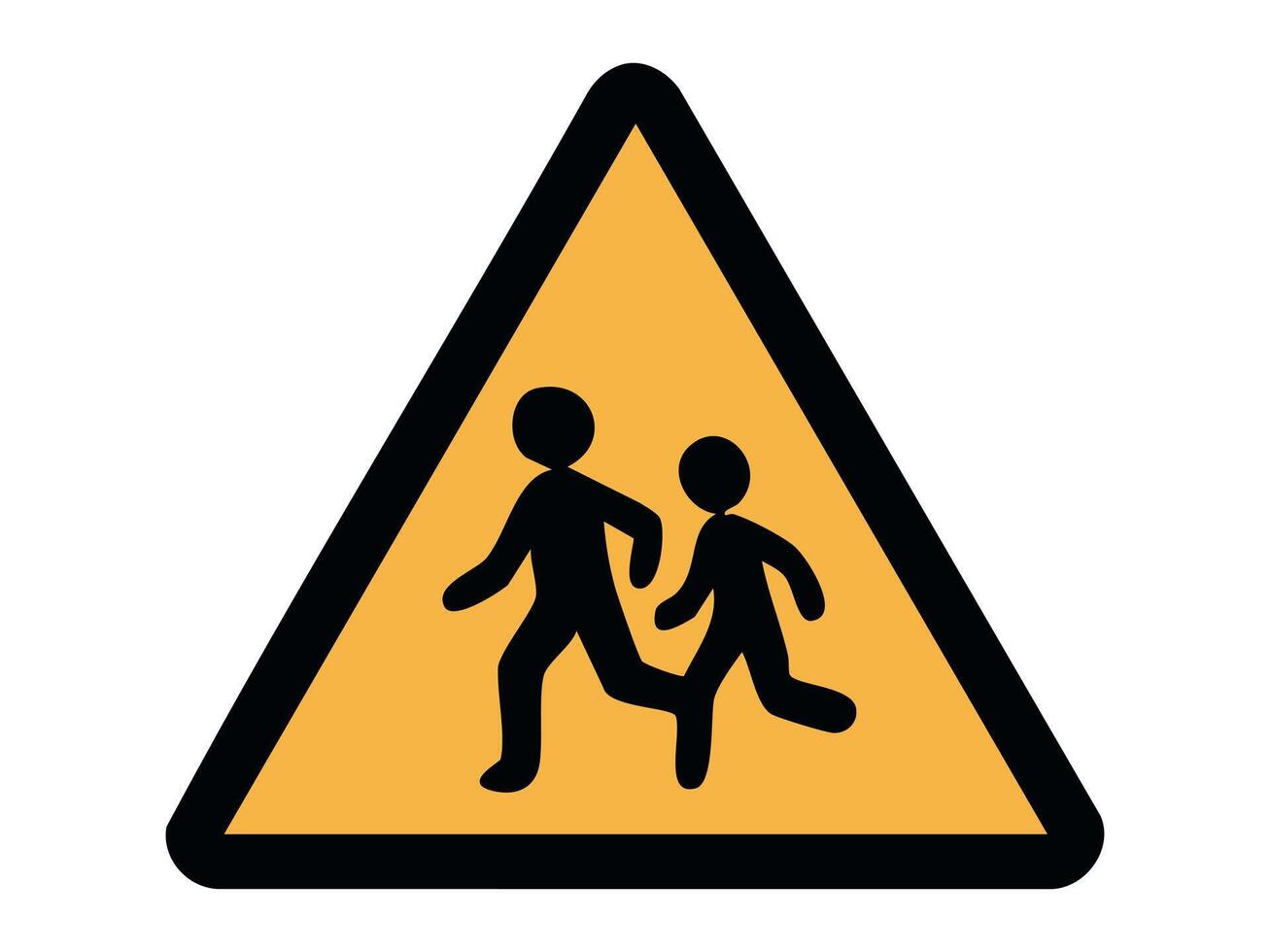 Warning road sign with two walking children inside yellow triangle isolated on white background, graphic illustration. Concept of school zone, children crossing, traffic safety, road alert vector