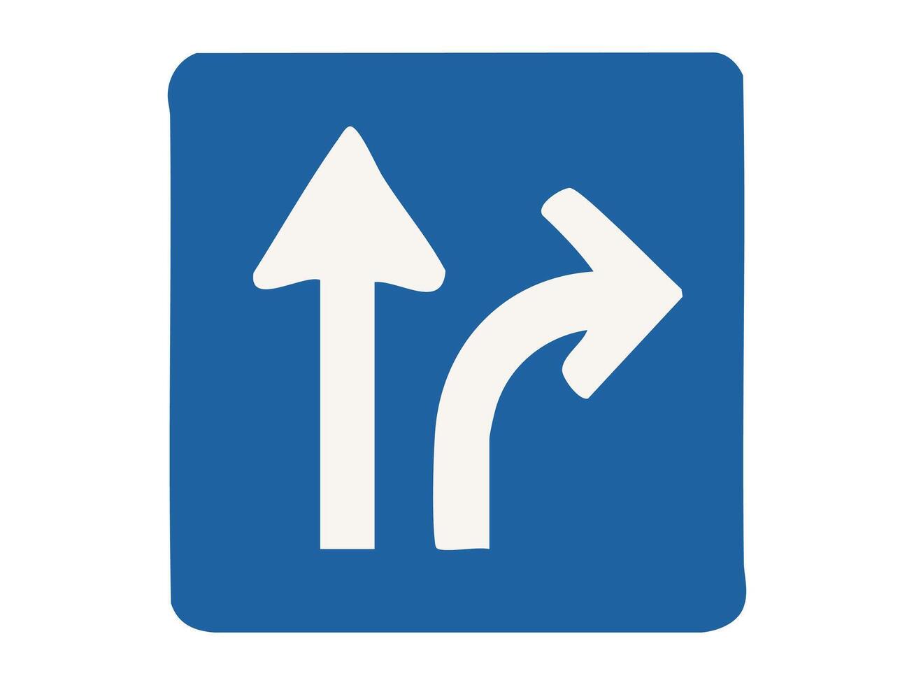 Mandatory road sign with white arrows pointing straight and right inside blue square isolated on white background, illustration. Concept of permitted traffic directions, straight or right turn rule vector