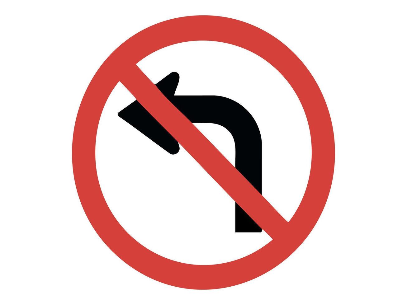 Prohibition road sign with black left turn arrow and red circle isolated on white background, graphic illustration. Concept of no left turn, traffic direction restriction, road safety regulation vector
