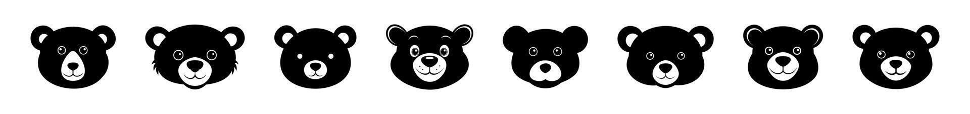 Set of Black silhouettes of toy bear faces isolated on a white background. Cute plush bear heads. Concept of kids toys, childhood, fun, game, playtime, minimalist design. Print, icon, design elements vector