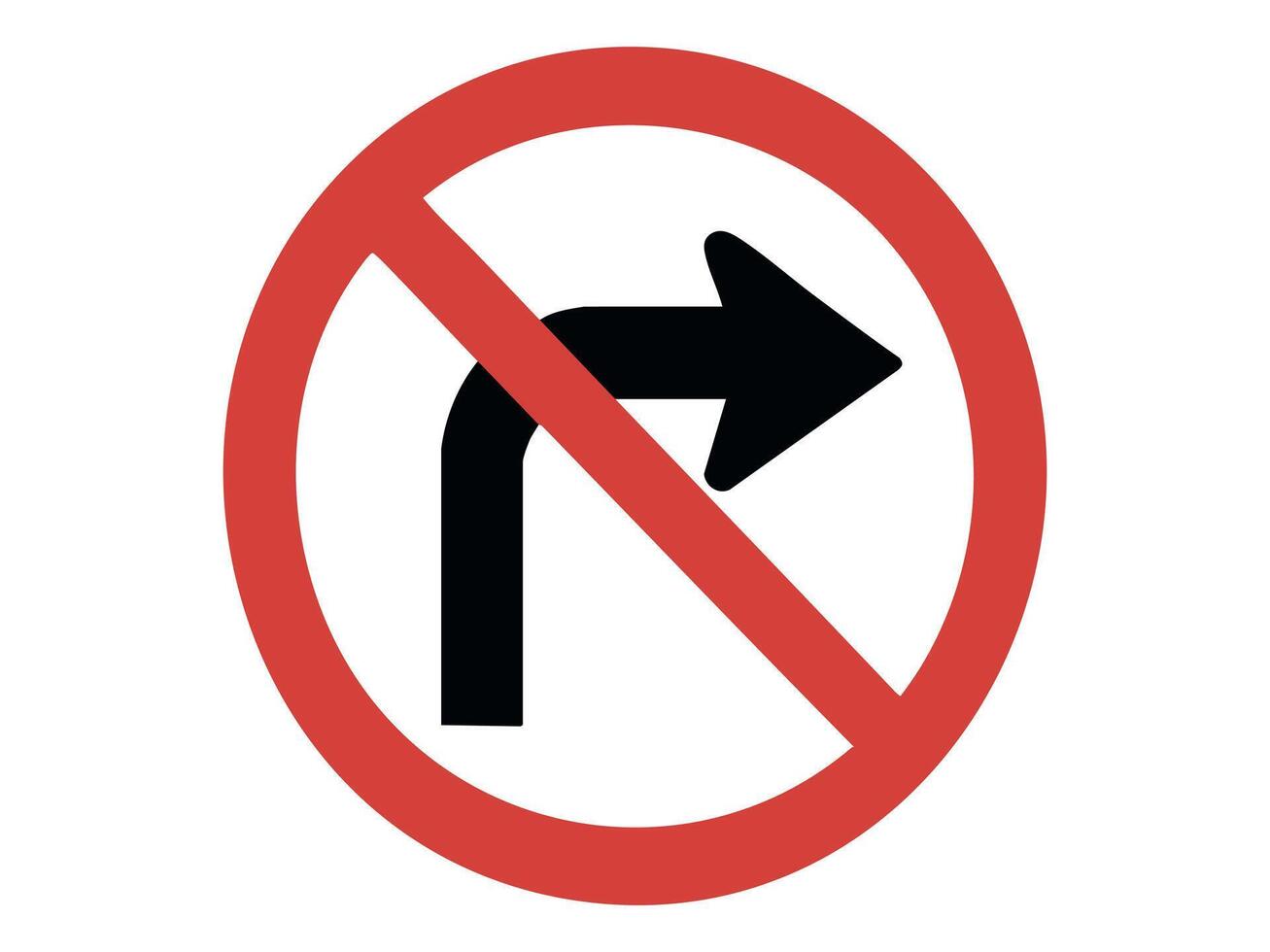 No right turn traffic sign with black arrow crossed by red circle isolated on white background, graphic illustration. Concept of road restriction, traffic regulation, turn prohibition, design element vector