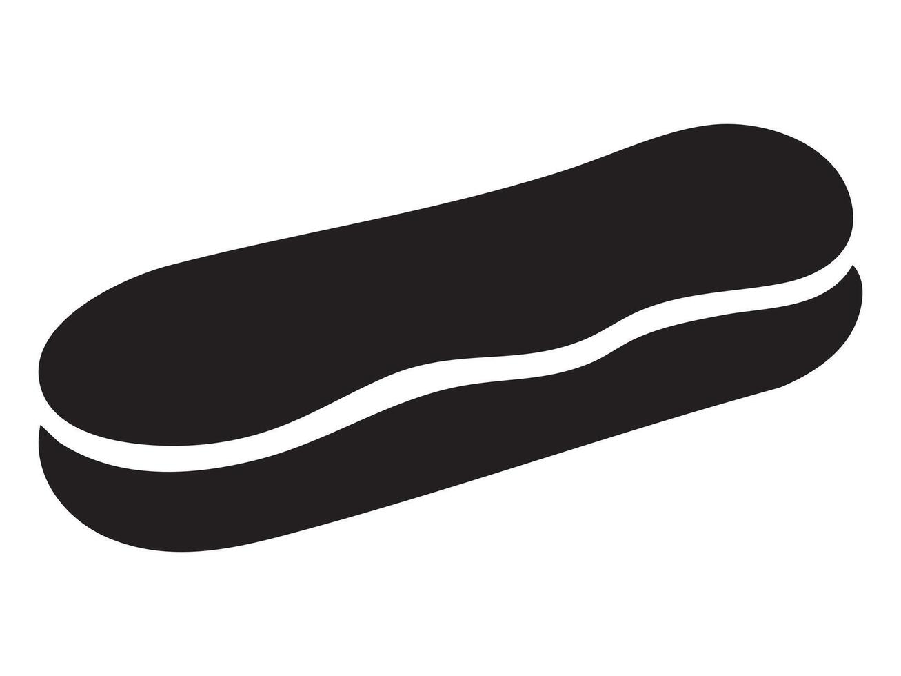 Black silhouette of eclair pastry, isolated on white background, graphic illustration. concept of dessert, baked good, snack, cafe treat, sweet confection, design element vector