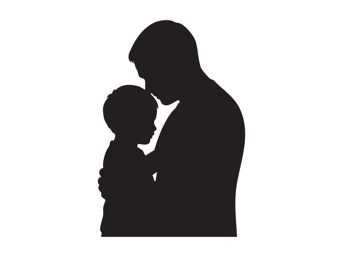 Black silhouette of man hugging child isolated on white background, concept of fatherhood, love, family bonding, parent-child relationship, icon, design element vector