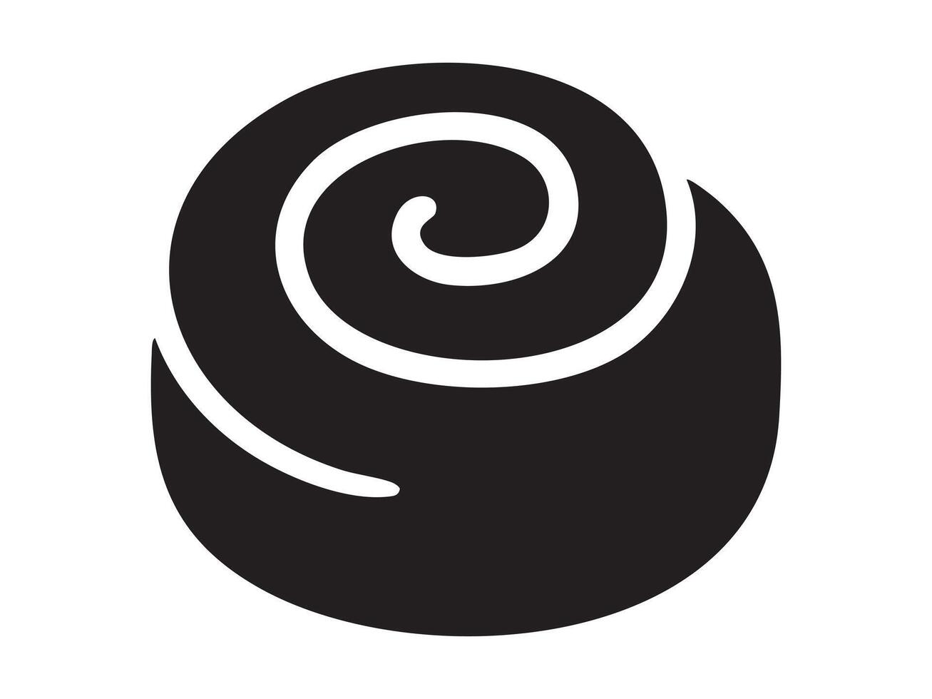 Black silhouette of cinnamon roll with spiral shape, isolated on white background, graphic illustration. Concept of dessert, pastry, sweet bun, bakery icon, breakfast food, design element vector