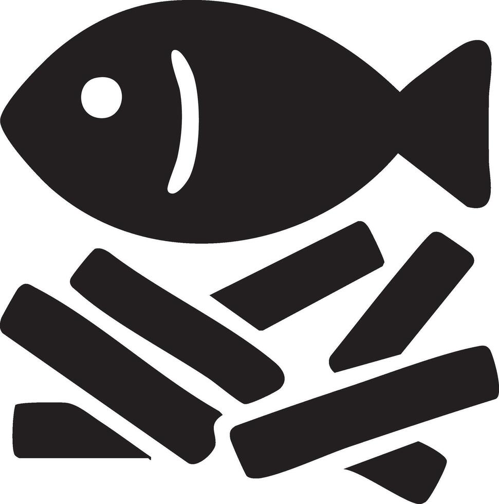 Black silhouette of fish and chips, isolated on white background, graphic illustration. concept of fast food, seafood, classic dish, icon, logo, design element vector