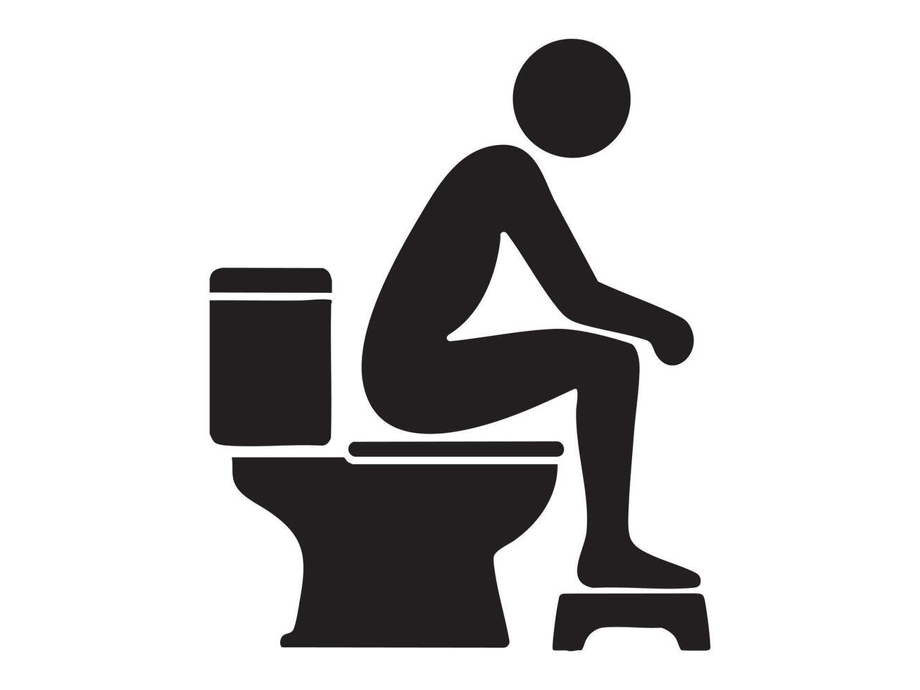 Black silhouette of person sitting on toilet with footstool, isolated on white background, graphic illustration. concept of restroom humor, bathroom decor, icon, logo, design element vector