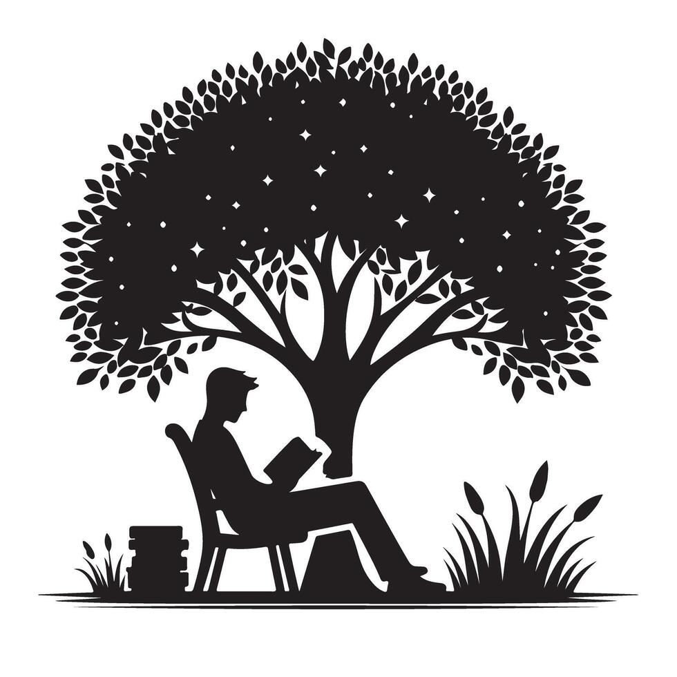 Man Reading Book Silhouette Underneath Shady Tree Illustration vector