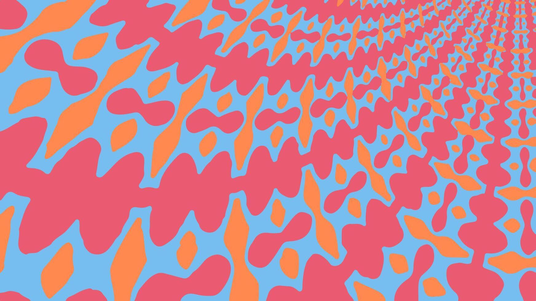 An abstract psychedelic pattern with wavy pink, orange, and blue organic shapes creating a trippy, energetic visual ideal for modern backgrounds or wallpapers. vector