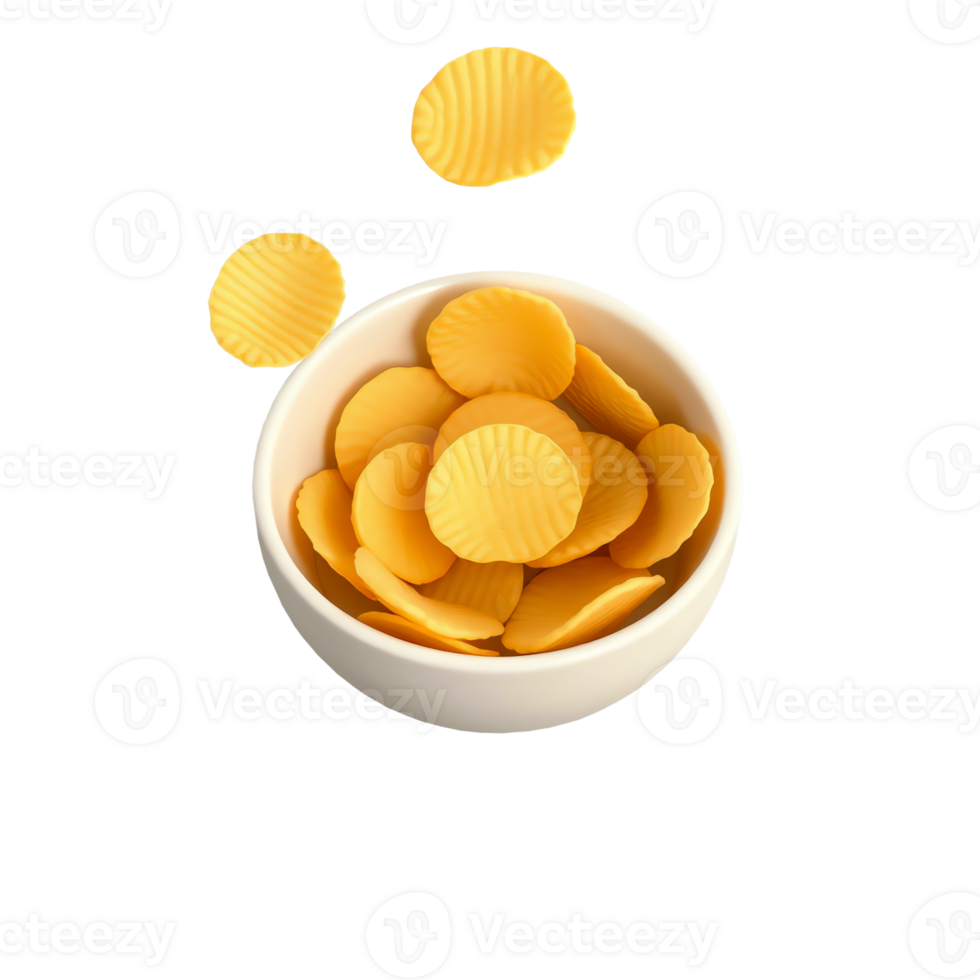 Golden Ridged Potato Chips Floating Above White Bowl Isolated on Transparent Background png