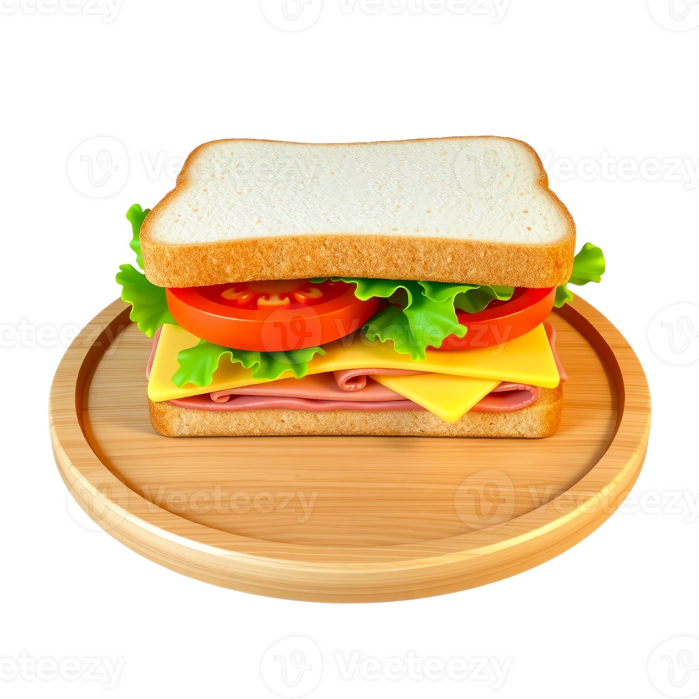 Ham and Cheese Sandwich with Fresh Vegetables on Wooden Plate Isolated on Transparent Background png