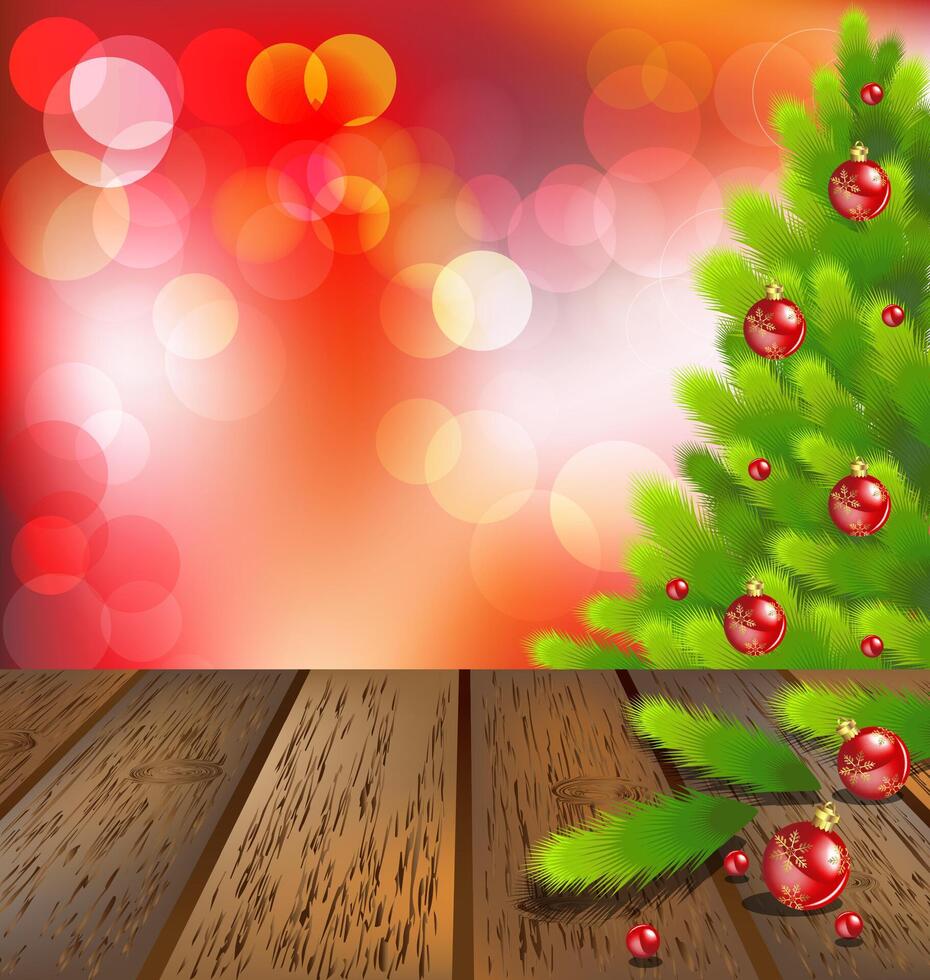 Wooden floor with Christmas tree on red bokeh vector