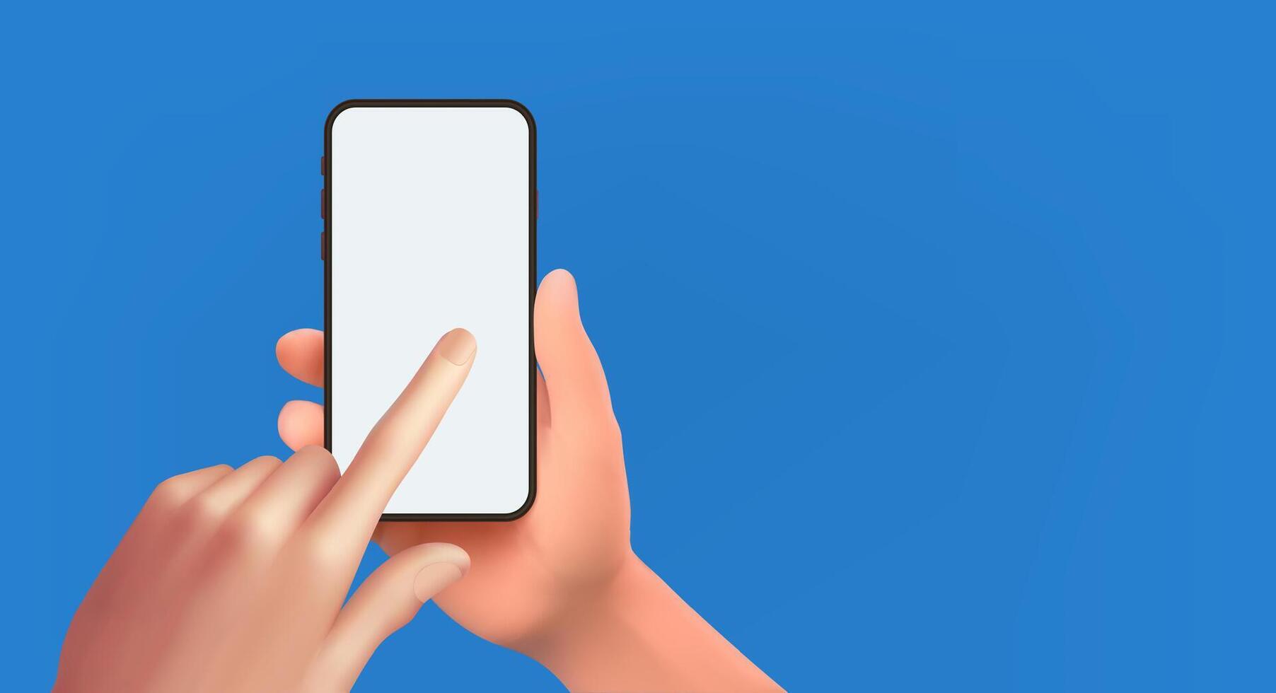 hand holding smartphone with white blank screen isolated and touching phone mockup vector