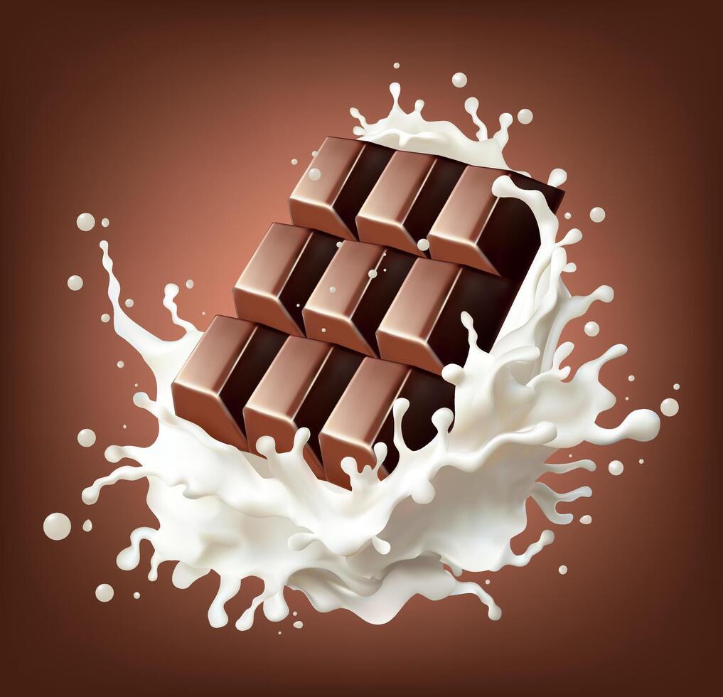 Chocolate bar rotates in splashes of milk Isolated on background. Gradient Mesh vector