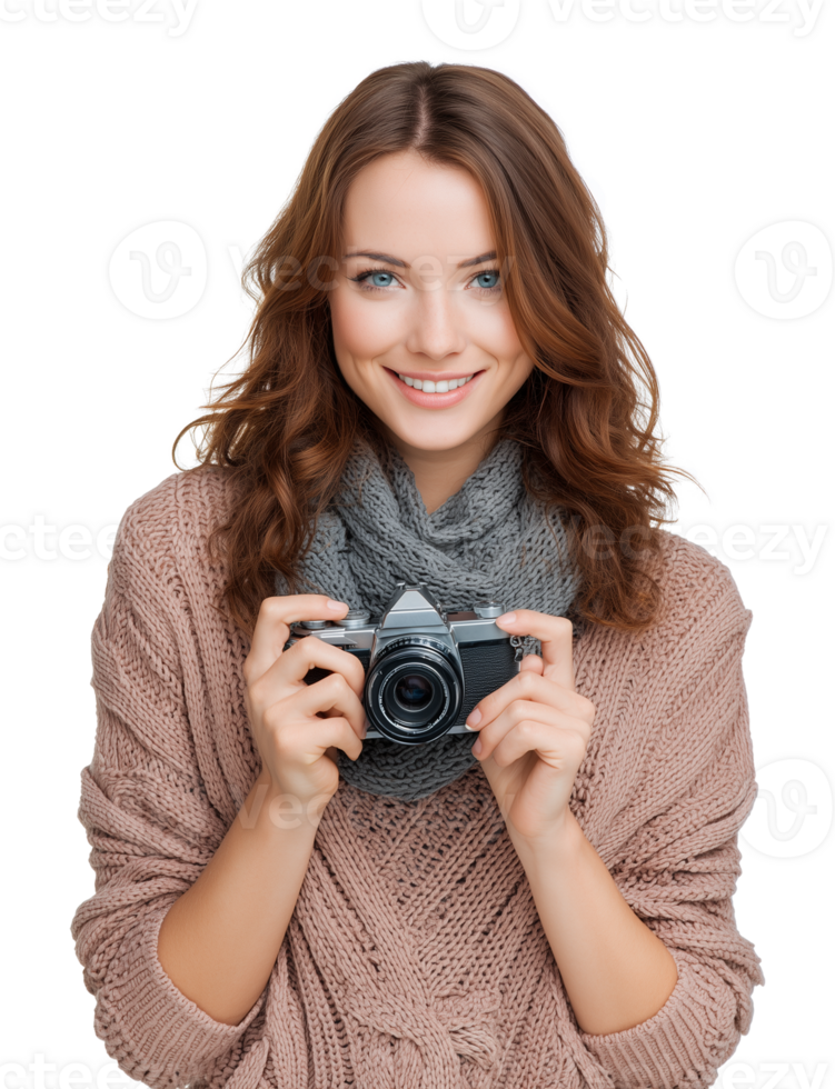 Happy Woman Holding Camera for Photography Day Isolated on Transparent Background png