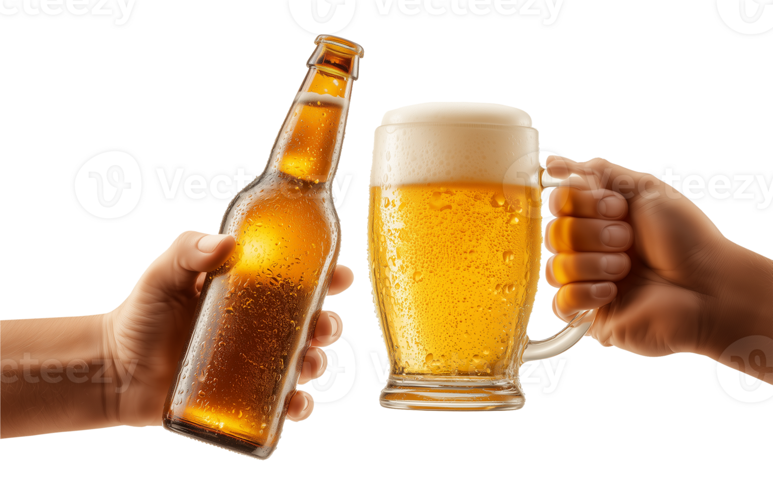Two hand Holding Beer Bottle and Beer Mug Cheers Toast Isolated on Transparent Background png