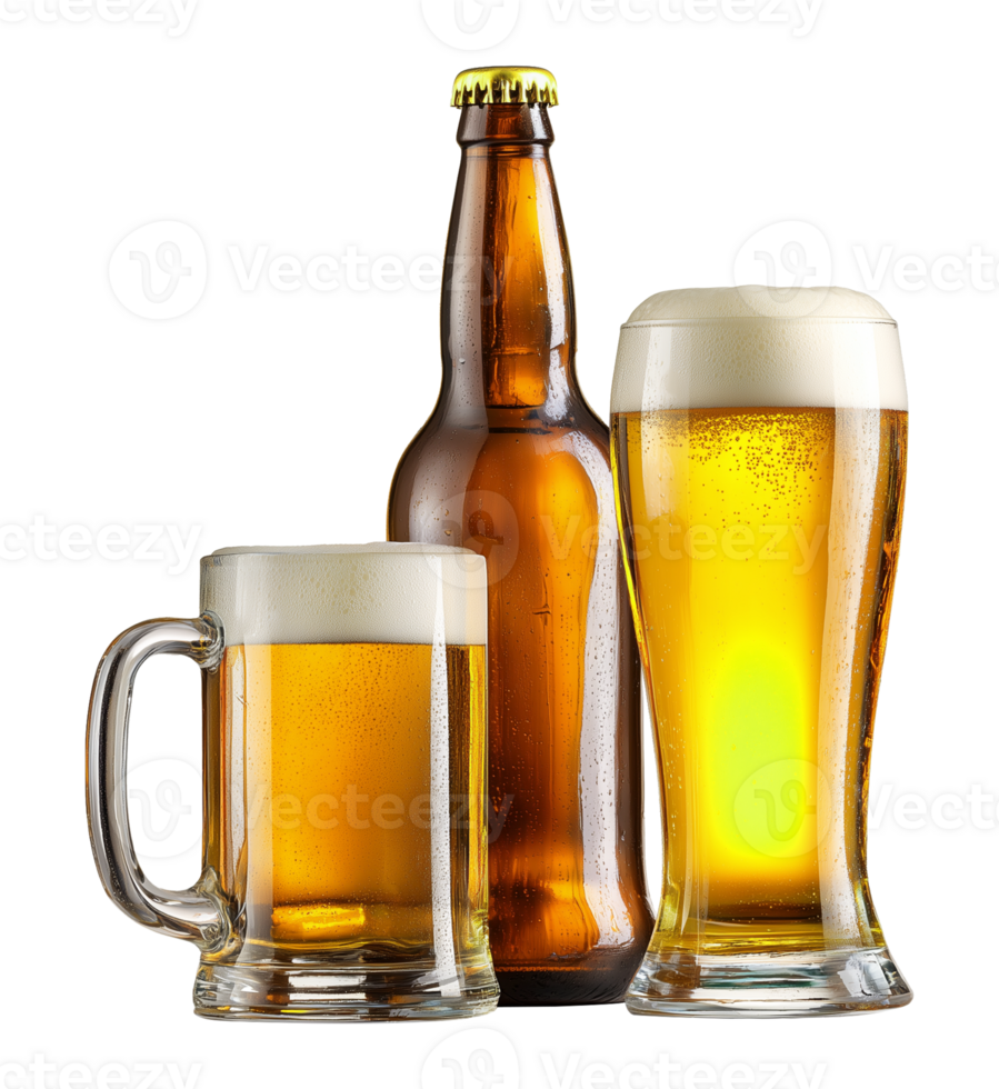 Beer Mug Beer Bottle and Beer Glass Isolated on Transparent Background png