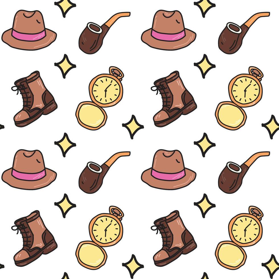 Seamless pattern of detective hat, boots, pipe, and pocket watch in cartoon style. vector