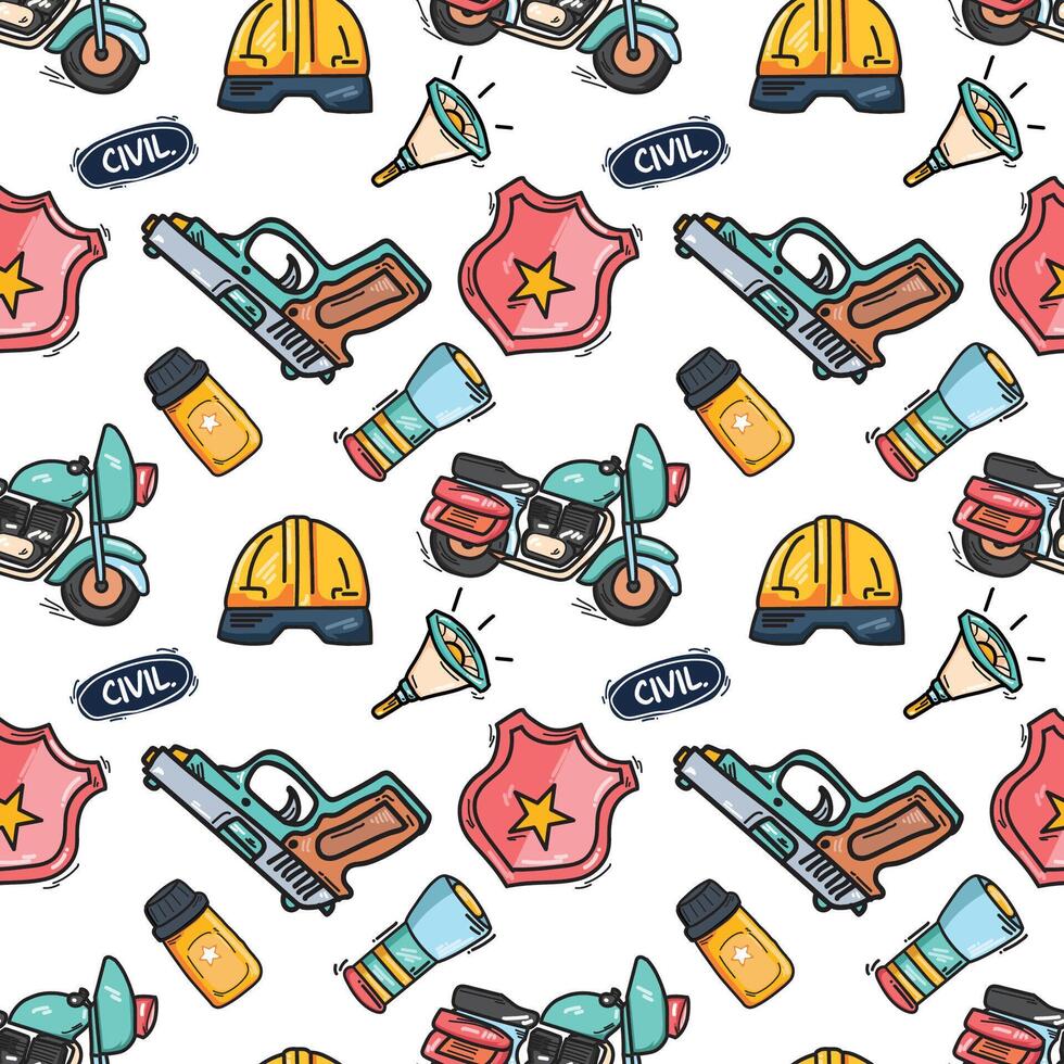 pattern of civil equipment including helmets, guns, scooters, flashlights, and badges. vector
