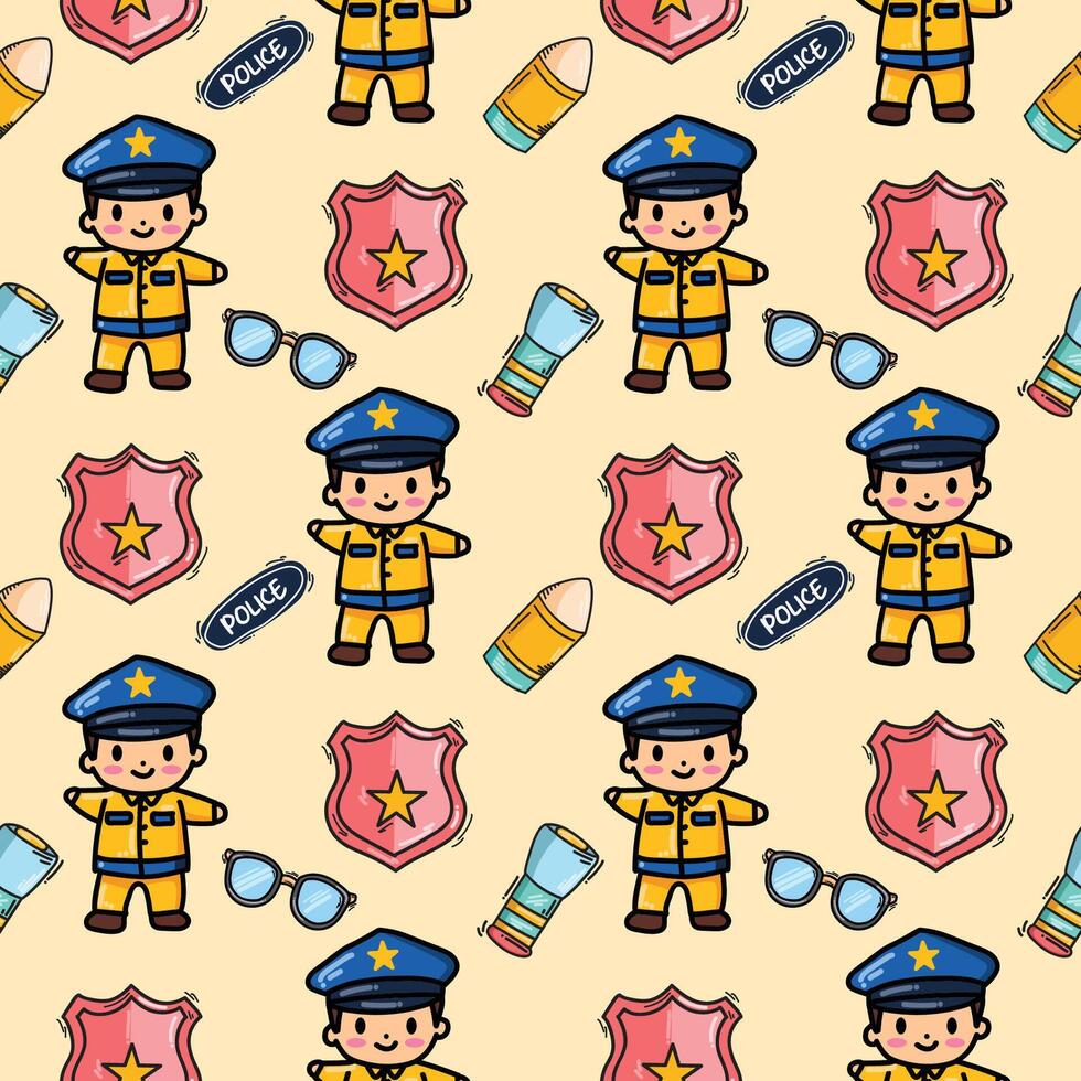 Cute police officer pattern with badges, sunglasses, bullets, and flashlights. vector