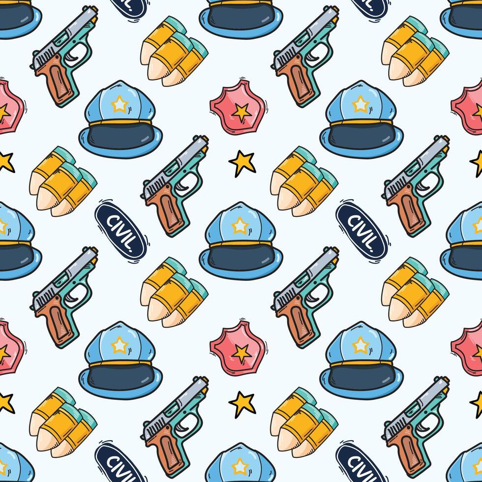 Seamless pattern of police gear in doodle style including gun, badge, bullets, and hat. vector