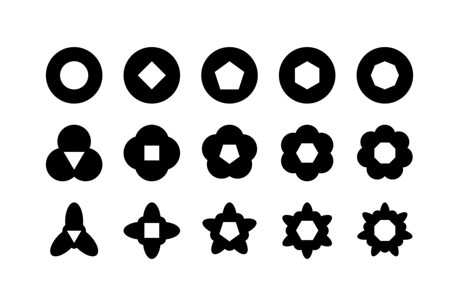 Geometric flower icons set. Cutout core shape icon collection. Set of bloom, modular floral, coin abstract decorative logo. technology inspired modern simple symbol logo illustration pack vector