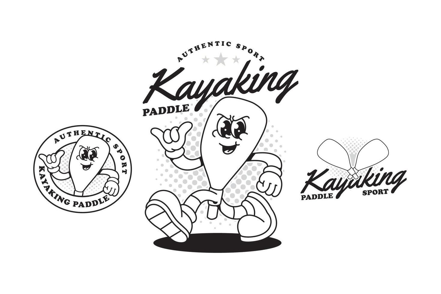 Kayaking paddle line art retro cartoon character illustration set with running pose and ok hand for sport club mascots. Kayaking paddle sport outline badge design in vintage cartoon style vector