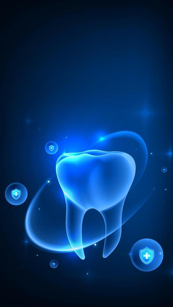 Glowing tooth with dental protection icons vector