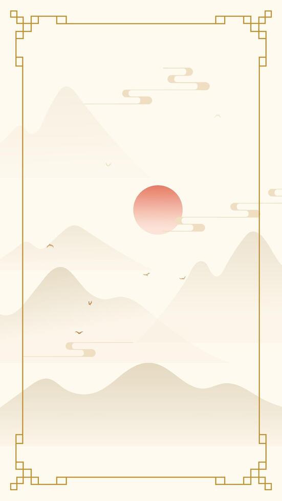 Landscape with mountains and red sun vector