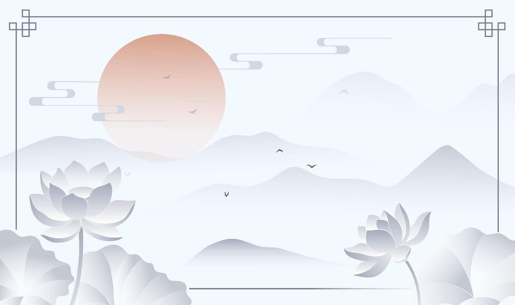 Lotus flowers and sunset over mountains vector