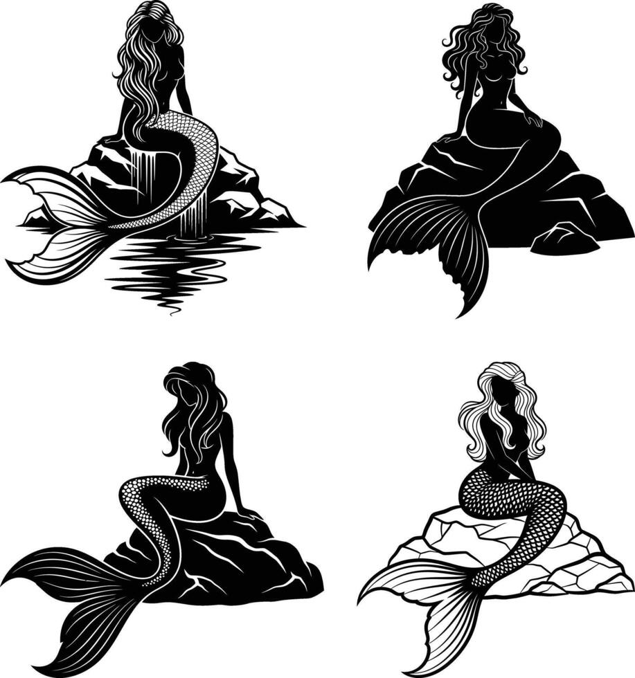 Mermaids on Rocks Silhouette Set - Fantasy Sea Creatures vector