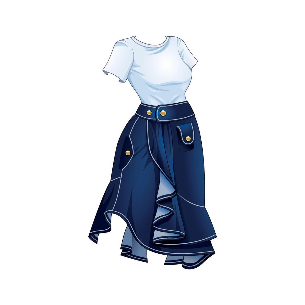 Denim skirt and white t-shirt outfit vector