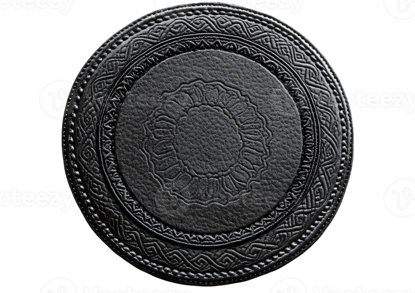 Flat circular leather patch with textured black surface Isolated on a transparent background png